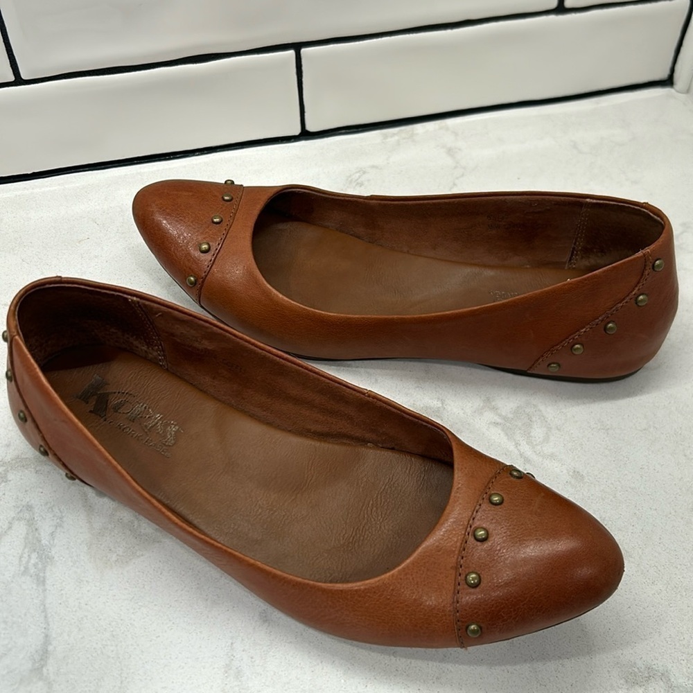 Korks Kork-Ease Cognac Brown Leather Studded ‘Anabel’ Slip On Flats 6.5 / 37